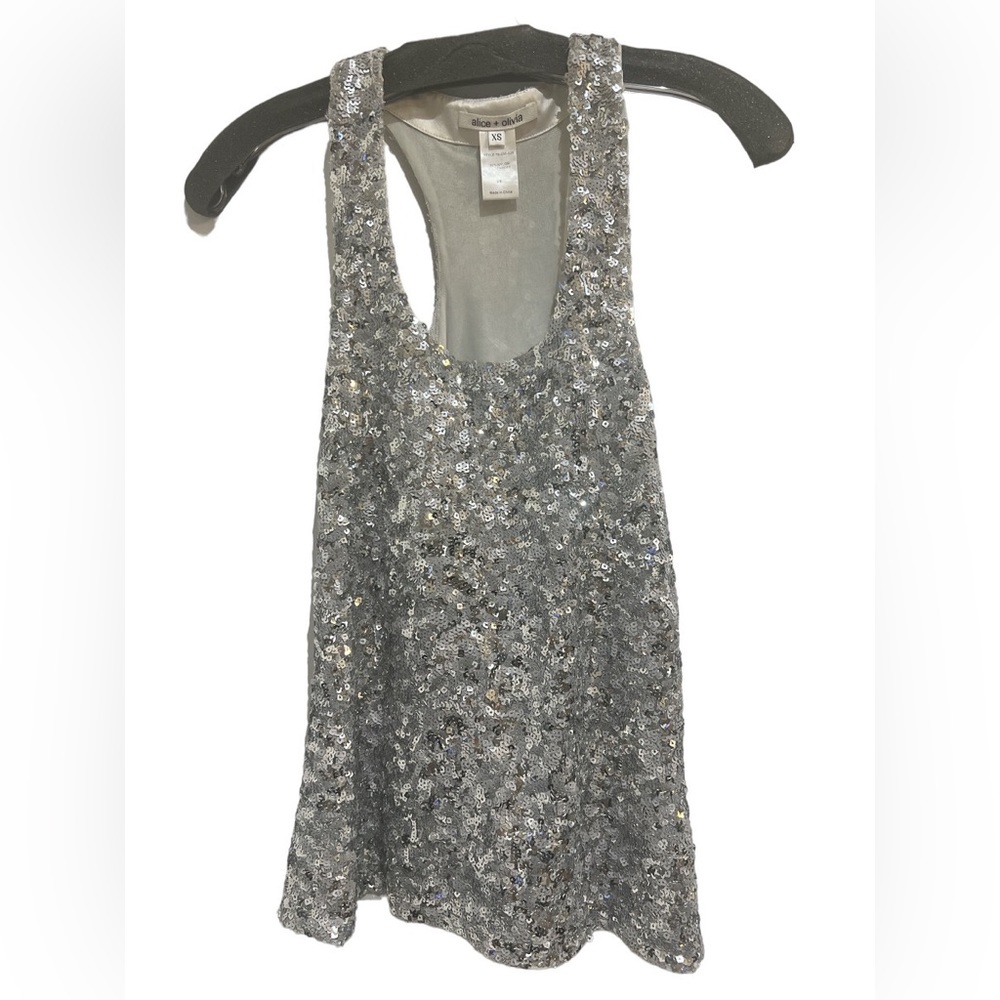 Alice + Olivia Silver Sequin Tank Top Scoop Neck Racerback